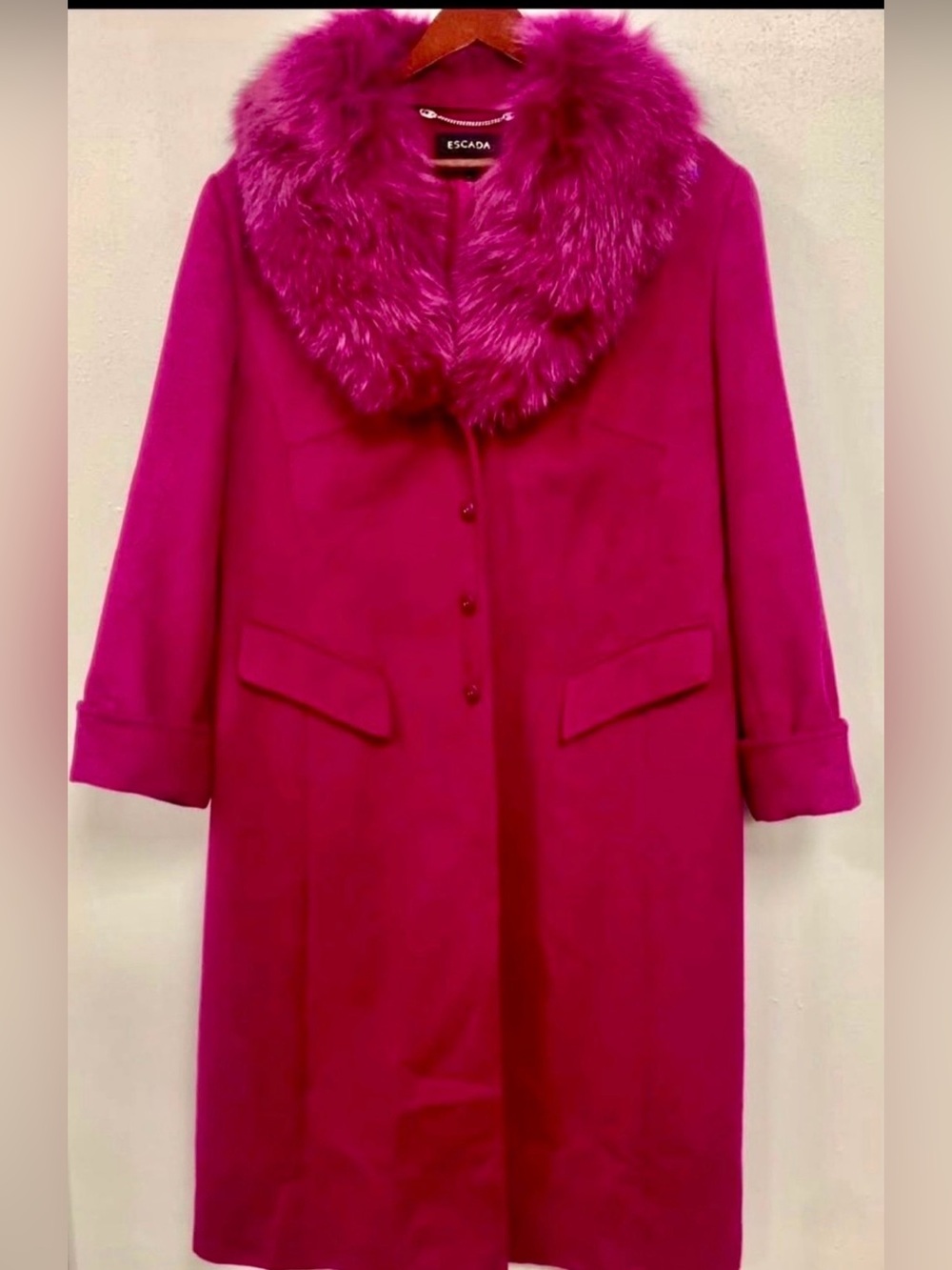 Escada Bright Fuchsia Wool Trench Coat with Faux Fur Collar